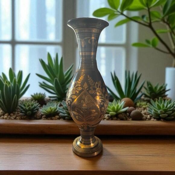 Other - Brass Bronze Etched Floral 12" Vase Vintage Indo-Persian Decorative Vase